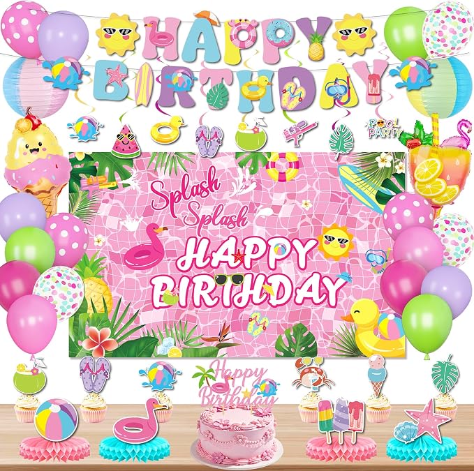 Summer Pool Beach Birthday Party Decorations, Splash Summer Backdrop Banner Hanging Swirls Honeycomb Centerpieces Cake Toppers Foil Balloons for Girls Tropical Swimming Luau Hawaiian Party Decor(Pink)