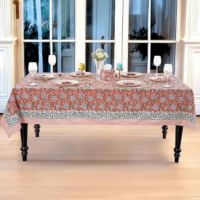 Ridhi Dark Salmon Pink Hand Block Print Cotton Rectangle Tablecloth 160" x 72" inches Reusable Table Cover Decorative Everyday Use for Dining Room, Farmhouse, Home Gift for Spring, Mother's Day