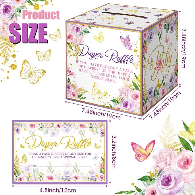 Teling 51 Pieces Diaper Raffle Tickets with Card Box Baby Shower Decorations Baby Shower Holder Box for Girl Boy Diaper Raffle Party(Butterfly Style)