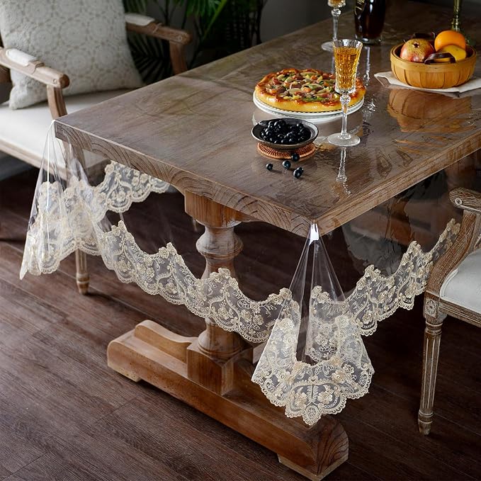 ARTABLE Vinyl PVC Rectangle Tablecloth Waterproof Clear Table Cover with Champagne Lace Macrame Border for Wedding Kitchen Home Outdoor Indoor Holidays Party Decor (Gold, 52 x 70 Inch)