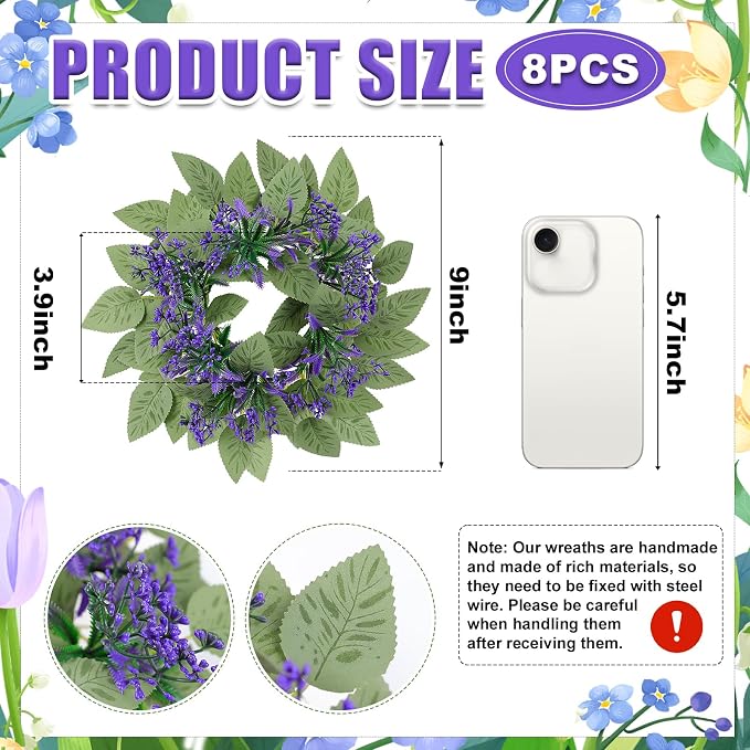 8PCS Candle Rings Wreaths - Artificial Lavender Wreath,Center Spring Wreath Rings,Flower Pillar Candle Holder Wreaths for Tapers Candelabra Wedding Party Home Table Centerpieces