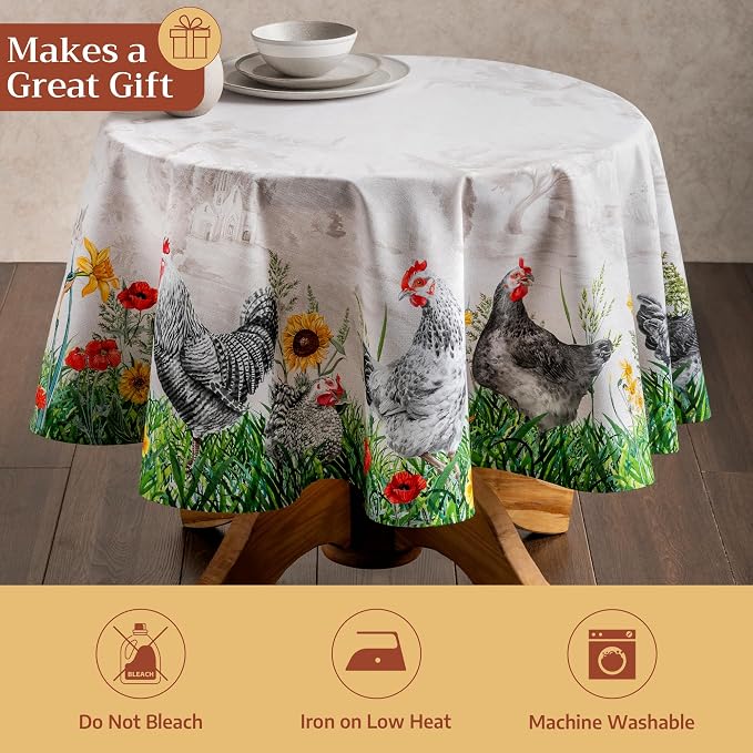 Maison d' Hermine Table Cloth Round Table 100% Cotton 69 Round Inches Tablecloth Reusable Decorative for Dining Kitchen Room Farmhouse Party Home Hotel Restaurant Spring Summer - Basse Cour