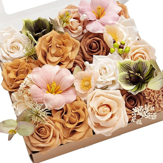 Ling's moment Fake Flowers Box, Faux Artificial Greenery Stems Foam Roses Tulip Silk Poppy Fabic Flower for Centerpieces Bouquet Wedding Floral Vase Table Decorations, Apricot & Peach, Grand Combo