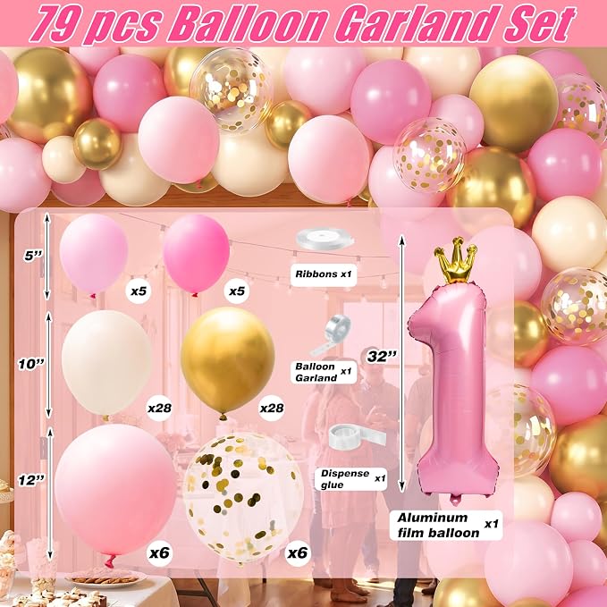 Princess 1st Birthday Decorations for Girls - One-ce Upon A Time First Birthday Baby Shower Decorations for Baby Girls with Birthday Hat Cake Topper Backdrop Tablecloth Banners Arch Balloon Box