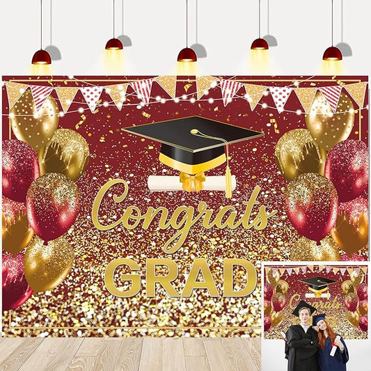 2026 Graduation Backdrop Red Gold Congrats Grad Bachelor Cap Balloon Prom Send Off Photography Background School Celebration Class of 2026 Party Decor Banner Photo Props (Red Gold, 8x6FT)