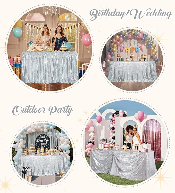 Juya Delight 50" x 80" Silver Sequin Tablecloth Rectangle Sparkly Tablecloth for Wedding Birthday Party Festival Ceremony Cake Dessert Table