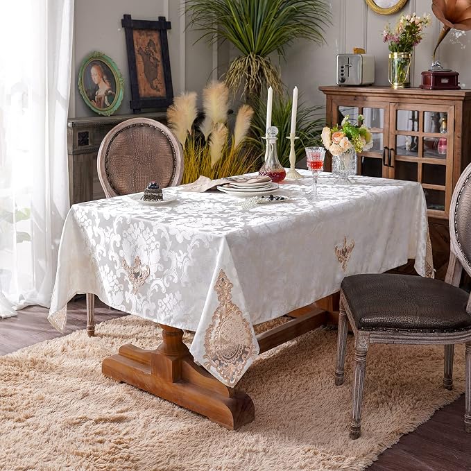 ARTABLE Jacquard Lace Tablecloth Rectangle Fabric Embroidery Table Cloth Vintage Farmhouse Rustic Table Cover for Home Kitchen Wedding Outdoor Indoor Party Decor (Cream, 52 x 70 Inch)
