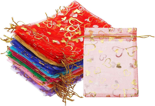 PATIKIL 100 Pcs 5x7 Inch Heart Printed Organza Bags, 10 Color Sheer Heart Organza Bags with Drawstring for Christmas Candy Jewelry Party Wedding Favor Gift