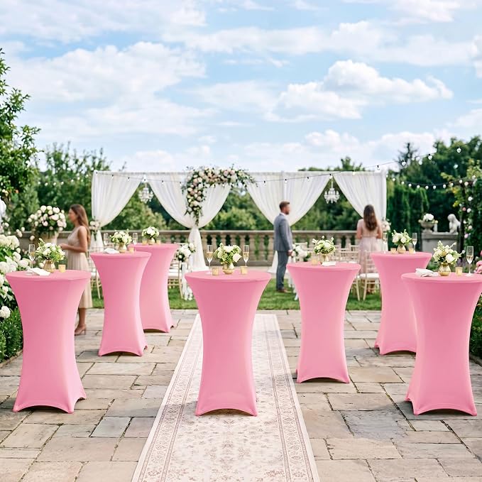 Cocktail Table Covers-Spandex Round High Top Table Cloths 6 Pack 32x43 Inch-Pink Stretch Fitted Bar Tall Tablecloth for Pub Bistro Highboy Party Event Banquet Height Folding Satnding Tables