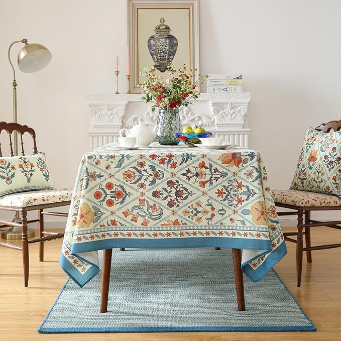 ISAENNE Designer Elegant Linen Rectangular Tablecloth,87"x55"-Floralsea A | French French Table Cloth for Rectangle Table,Colorful Floral Pattern,Decor,Dining Room,Tea Party,Kitchen,Thanksgiving