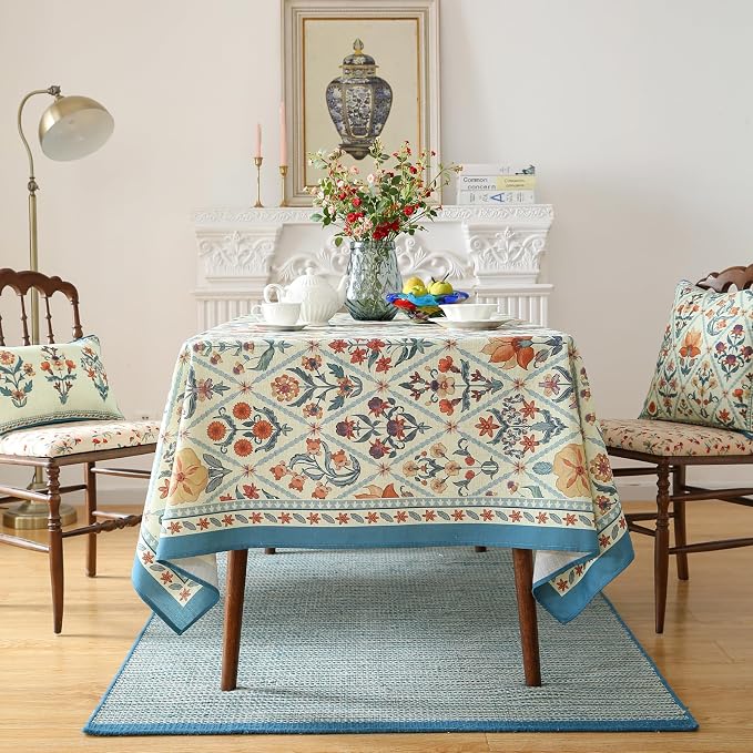 ISAENNE Designer Elegant Linen Rectangular Tablecloth,102"x63"-Floralsea A | French French Table Cloth for Rectangle Table,Colorful Floral Pattern,Decor,Dining Room,Tea Party,Kitchen,Thanksgiving
