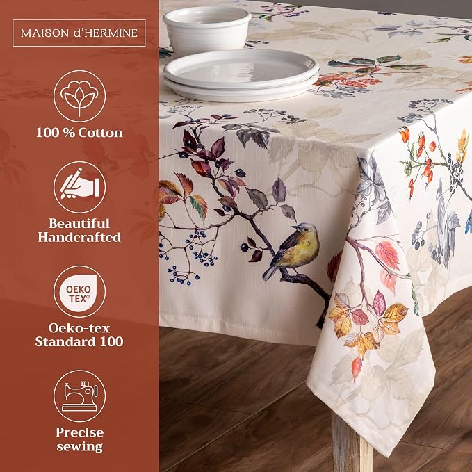 Maison d' Hermine Table Cloth Rectangle Table 100% Cotton 70 x 140 Inches Fall Tablecloth Reusable Everyday Use for Thanksgiving Christmas Decorations Dining Farmhouse Party (Equinoxe - Beige)