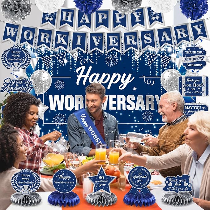 Happy Work Anniversary Decorations Blue Silver Happy Workiversary Banner Honeycomb Centerpieces Hanging Swirls Tissue Paper Pompoms Sash for Office Employee Worker Anniversary Appreciation Supplies
