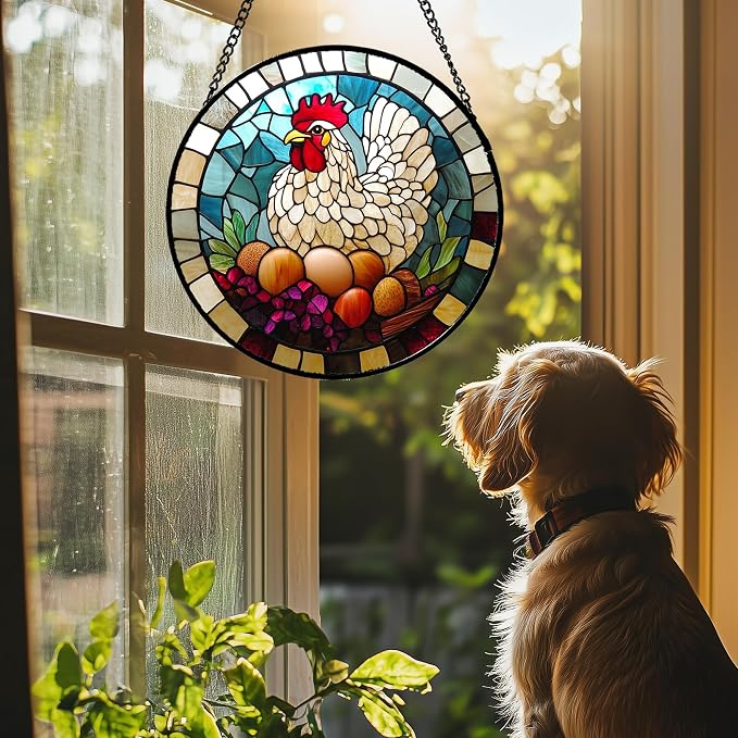 DASTOLL Stained Glass Window Hanging White Chicken Hatching Eggs 6.3" - Suncatcher Door Garden Sunroom Sun Catcher Home Decor Birthday Christmas for Mom Men Woman Nana