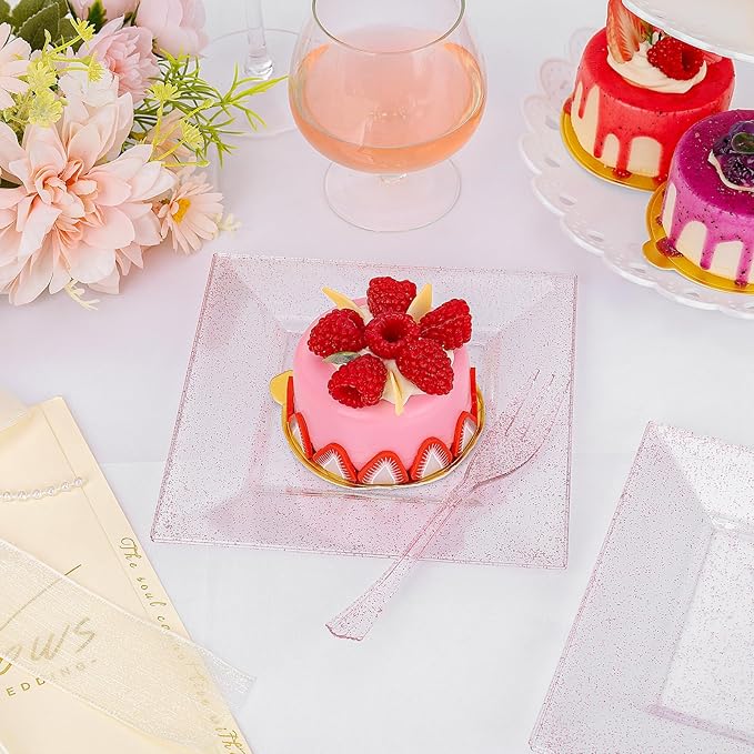 DaYammi 200 Pcs Pink Dessert Plates Including 100Pcs Appetizer plates 6'',100Pcs Plastic Forks 5.7'',Rose Glitter Plastic Square Plate for Wedding,Pink Cake plates and forks for Mother's Day Party