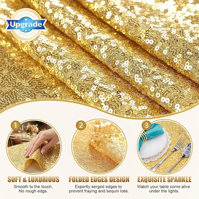2 Pack Gold Sequin Table Runner 12 x 72 Inch, High Density Sparkly Glitter Table Runners for Wedding Reception, Birthday Party, Baby Shower, Shimmering Gold Decor