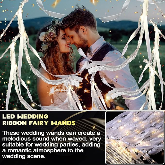 Unittype Light up Wand for Wedding Silk Streamer with Bell LED Fairy Ribbon Fairy Wand Glow in the Dark Flashing Lace Stick for Wedding Birthday Party Favor(48 Pieces,Ivory & Warm White LED)