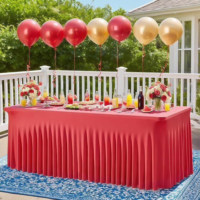 Wish Care 2 Pack Red Spandex Table Clothes for 6 Foot Rectangle Tables, 6FT Wrinkle Free Fitted Tablecloths Ruffles Design Table Cover for Party, Banquet, Wedding and Events