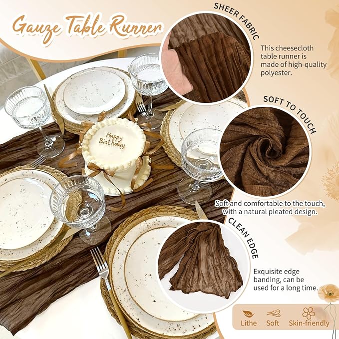 18 Pack Brown Cheesecloth Table Runner 17 x 108 inch Boho Gauze Table Runner Rustic Sheer Cheese Cloth Table Decorations for Wedding Party Baby Bridal Shower Birthday Holiday Home
