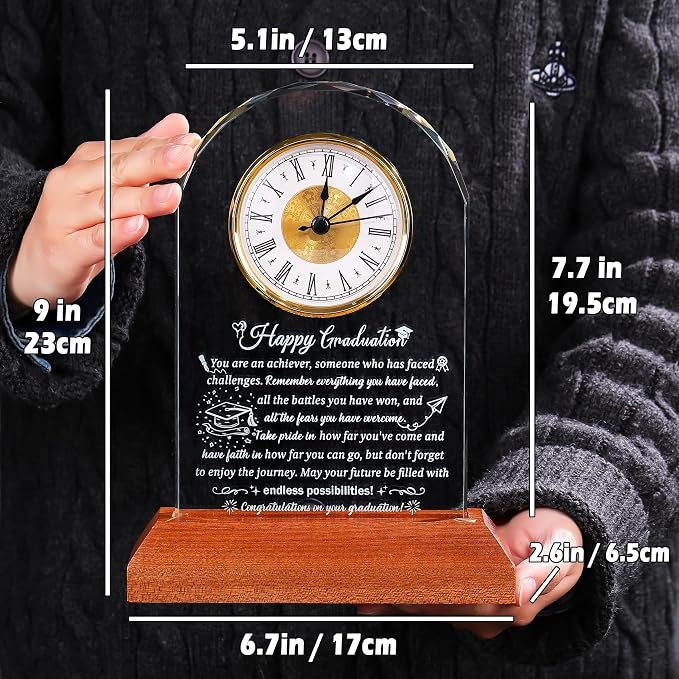 Arikyrist Glass Clock Graduation Gifts for Women Men with Wooden Light Base Class of 2026 Graduation Keepsakes for Her Him Inspirational Gifts Idea for College High School PHD Masters Degree