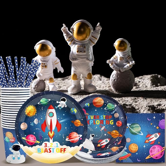 Recheel Space Birthday Party Supplies Decorations, Outer Space Theme Paper Plates and Napkins Set for 24 Guests, 120 Pcs Disposable Galaxy Party Dessert Dinnerware