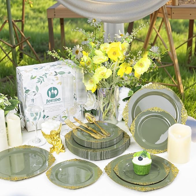 125PCS Olive Green Plastic Plates - Green and Gold Disposable Plates - Vintage Plate with Gold Plastic Silverware Sets for 25 Guests for Wedding & Party & Holiday