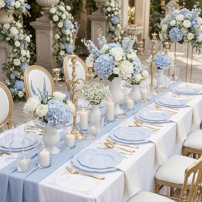 NOCCUR 175PCS Blue Plastic Plates with Gold Disposable Silverware - Include 50 Light Blue and Gold Plastic Plates,25 Knives,25 Forks,25 Spoons,25 Cups and 25 Napkins - Easter Day/Spring Party