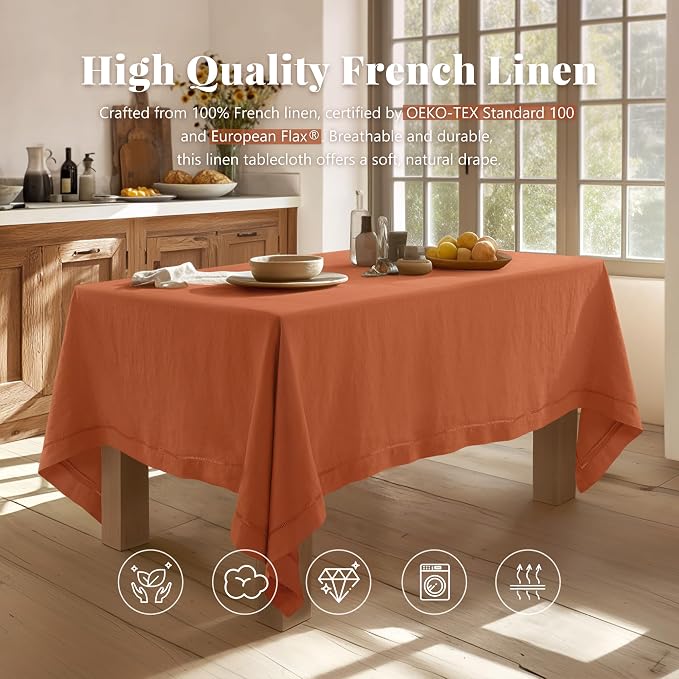 Linen World Fall Linen Tablecloth 120" x 60" Inch,French Linen Washable Rectangular Table Cloth for Dining,Outdoor, Weddings and Restaurants,Decorative Thanksgiving Christmas,Caramel Hemstitch
