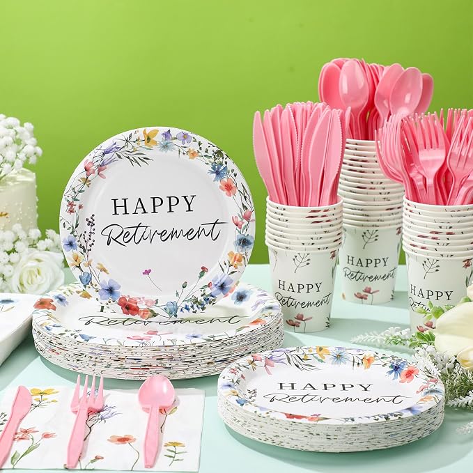Yungyan 252 Pcs Wildflowers Retirement Party Tableware Set Included Plates Napkins Cups Forks Knives Cutlery for Party Decorations Supplies 36 Guests