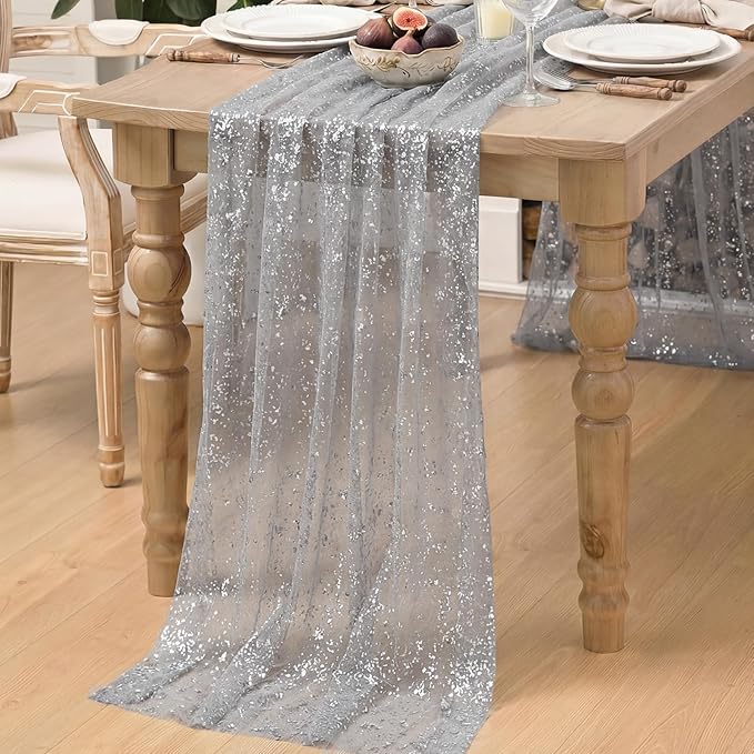 Artoid Mode 3PC Grey Gold Gauze Table Runner 120 Inch 10FT, Glitter Metallic Foil Sheer Dining Wedding Anniversary Holiday Birthday Table Decor for Home Party