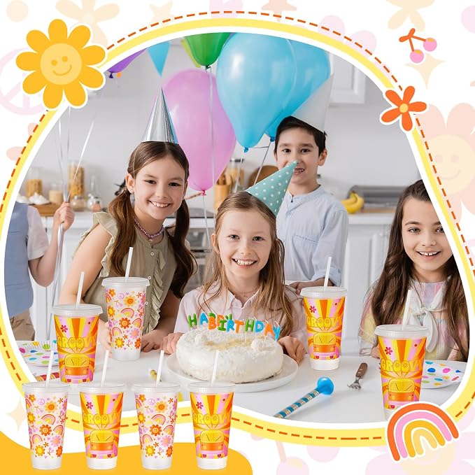Uiifan 12 Pcs Groovy Plastic Cups Groovy Party Decorations Plastic Tumbler with Lid and Straw 24oz Reusable Boho Retro Hippie Cups for Hippie Birthday Party Wedding Decorations