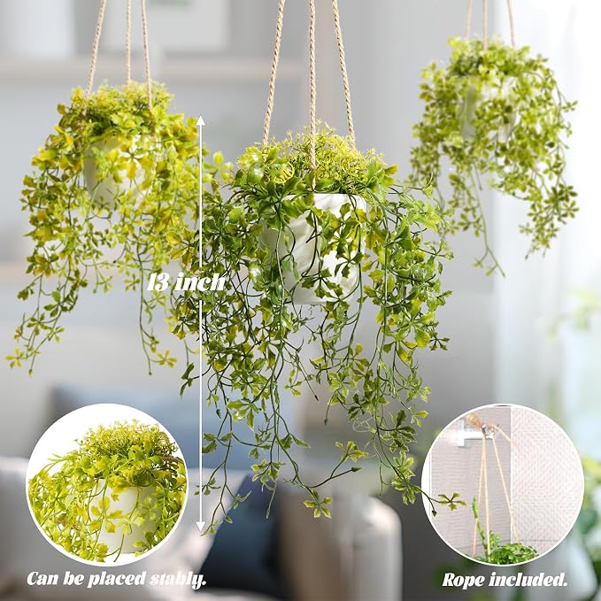 3 Packs 13" Fake Hanging Plants with White Pots for Wall Decor | Artificial Mandala Vine, Indoor/Outdoor Use, for Home Bathroom Bedroom Office Decor, Easy to Clean, Lifelike Appearance