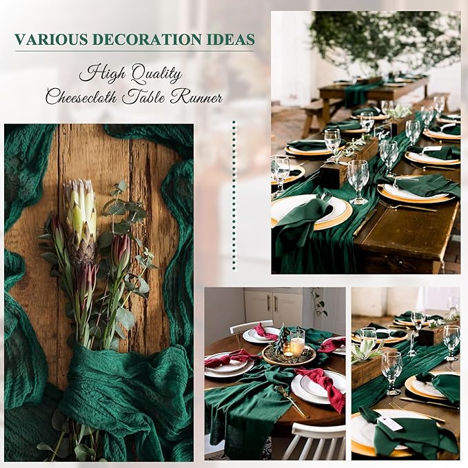 8 Pack 10Ft Cheesecloth Table Runner Dark Green, 20 x 120 Inch Rustic Gauze Boho Cheese Cloth Wedding Long Table Runner for Wedding Party Bridal Shower Decoration
