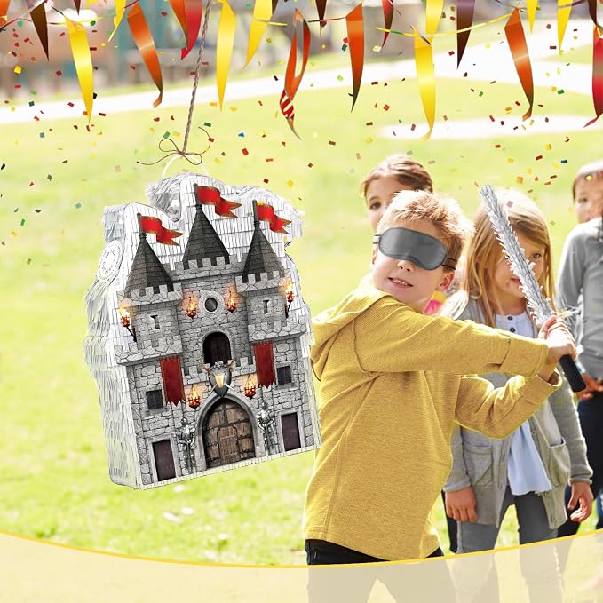 WERNNSAI Medieval Castle Piñata - Medieval Piñata with Blindfold and Bat for Kids Knight Birthday Party Decorations Gothic Castle Vampire Cosplay Halloween Party Supplies