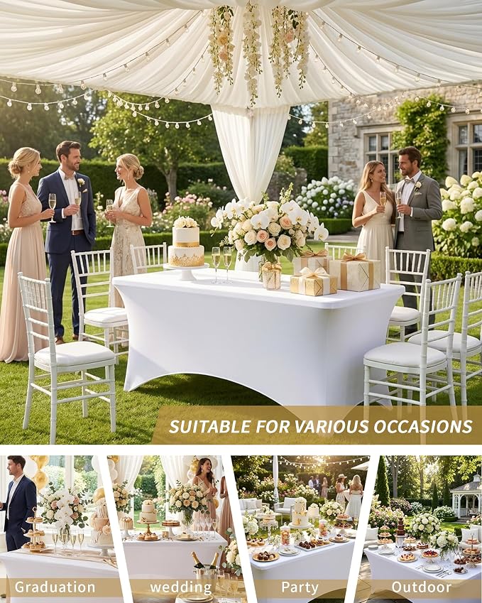 Fixwal 6 Pack White Tablecloth Rectangle 8Ft, Stretch Spandex Fitted Table Cover for Party, Trade Show, Wedding, Buffet, Graduation, Vendor Stand