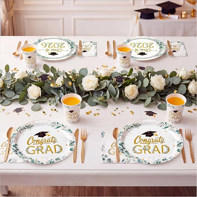 Pajean 350 Pcs Class of 2026 Greenery Graduation Party Decorations 12 inch Disposable Sage Green Leaves Oval Plates Napkins Green Heavy Duty Paper Tableware Set for 50 Guests Grad Party Supplies
