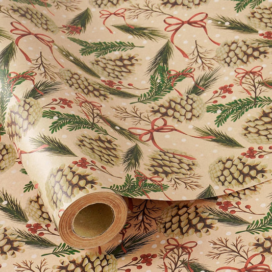 RUSPEPA Kraft Christmas Wrapping Paper Roll, Mini Roll, Pinecone and Greenery Design with Red Bow and Snowflake, Kraft Gift Wrap Paper for Christmas, Holiday, Winter Party, 17 Inches x 16.4 Feet