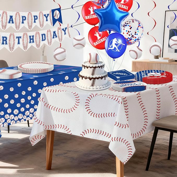 223pcs Baseball Plates Napkins Birthday Party Supplies Tableware Set Include Plates, Napkins, Cups, Cutlery, Balloons, Banner, Hanging Swirls, Tablecloths for Baseball Party Decorations Serve 24