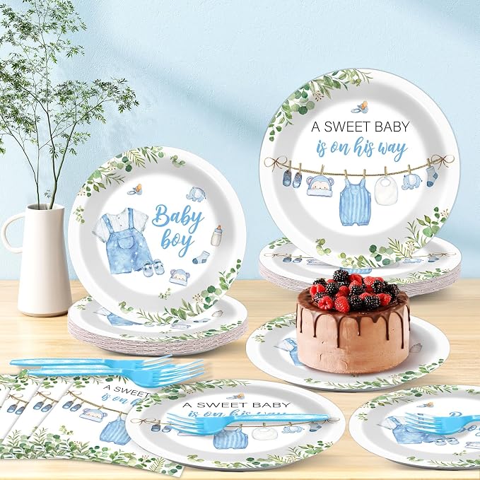 200Pcs Greenery Baby Shower Plates and Napkins Decoration Watercolor Blue Party Tableware Dinnerware Set A Sweet Boy Is On His Way Paper Plates for Baby Boy Gender Reveal Party Supplies Serve 50