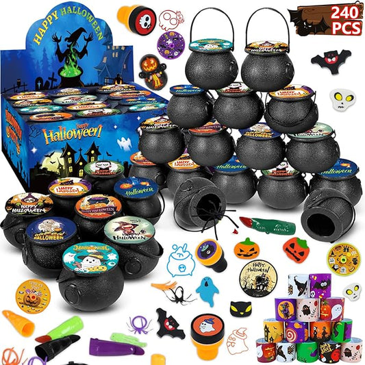 240 PCS Prefilled Halloween Party Favors for Kids- 24 Pack Plastic Witch Cauldron, Non-Candy Treats Toys & Goodie Bags Stuffers for Trick or Treat