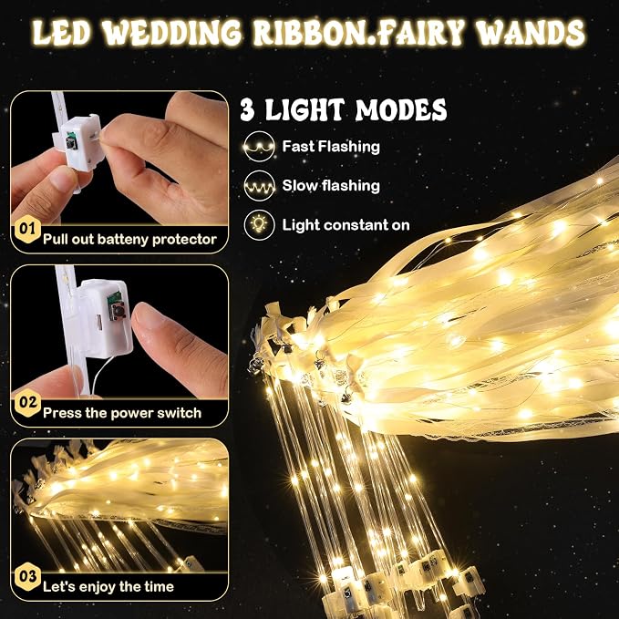 50 Pcs Wedding Wands Ribbon Streamers with 3 Colorful Flashing Modes, Light up LED Silk Fairy Wands, Glow Lace Stick with Bells for Wedding Reception, Graduation, New Year, Birthday Party (Warm White)