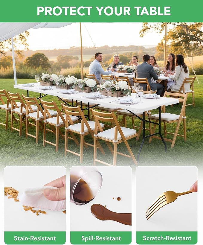 KeyWave Fitted Tablecloth Rectangle Table Cloths - 6 Pack 4 Foot Elastic Stretch Folding Table Top Cover Water-Resistant Reusable for Outdoor Picnic Camping Party Event, White, 48" L x 30" W