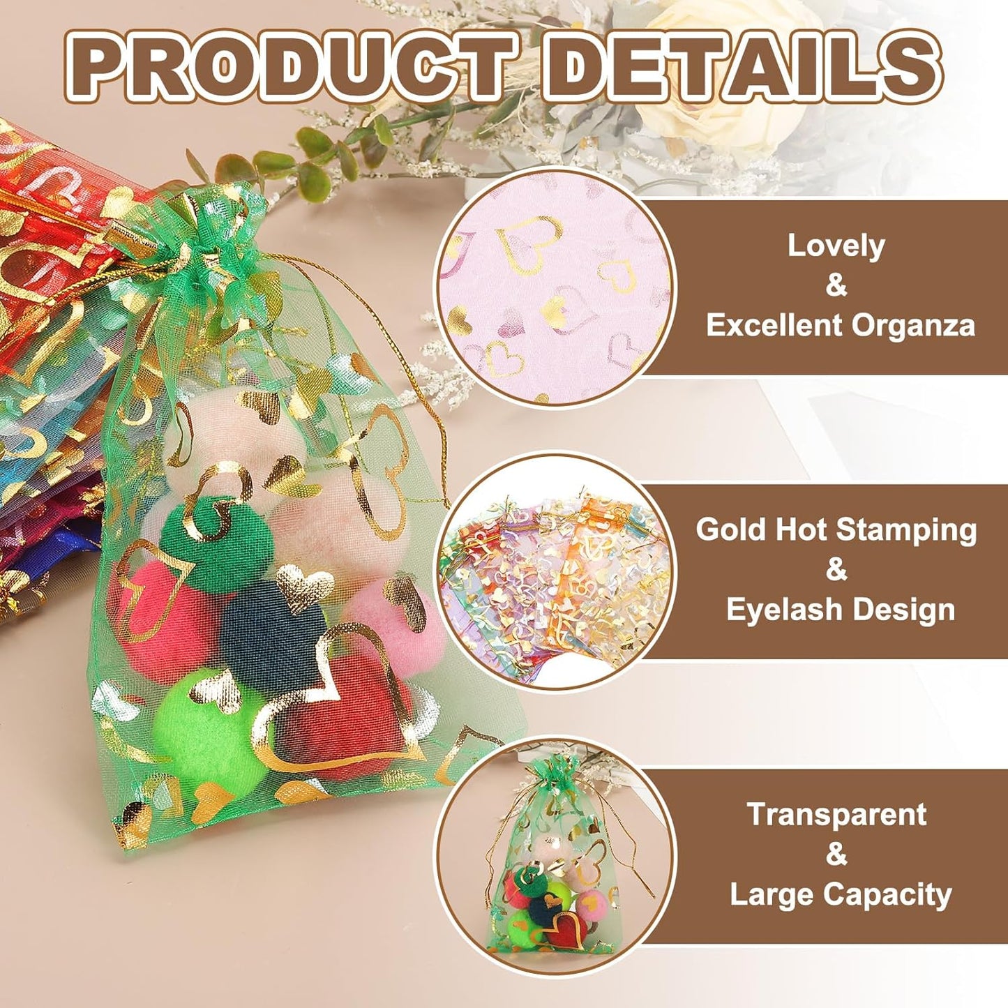 PATIKIL 100 Pcs 4x6 Inch Heart Printed Organza Bags, Gold Sheer Heart Organza Bags with Drawstring for Christmas Candy Jewelry Party Wedding Favor Gift