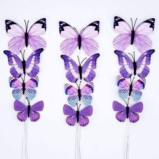 12 PCS Artificial Fabric Butterflies, 2 Sizes Reusable Butterly Crafts Decor, DIY 3D Butterfly Decorations for Fake Flowers Floral Nursery Wedding Tea Party Birthday Easter Spring. (Purple01 Medium)
