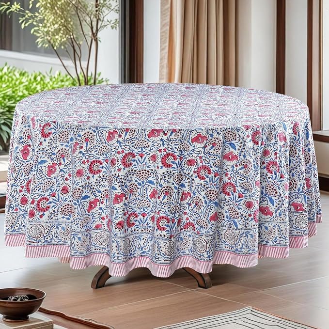 Ridhi Round Tablecloth Hand Block Print 100% Cotton Reusable Flamingo Pink 120 Inch Table Cover Decorative Everyday Use for Dining, Home, Party, Wedding, Farmhouse, Party Gift for Spring, Mother's Day