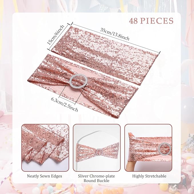 54 Pieces of Rose Gold Sequin Chair Ribbons and Table Runners, 48 Sequin Chair Bows, 6 Glitter Table Runners, Suitable for Wedding Parties Birthday Meeting Events Decorations (Rose Gold)