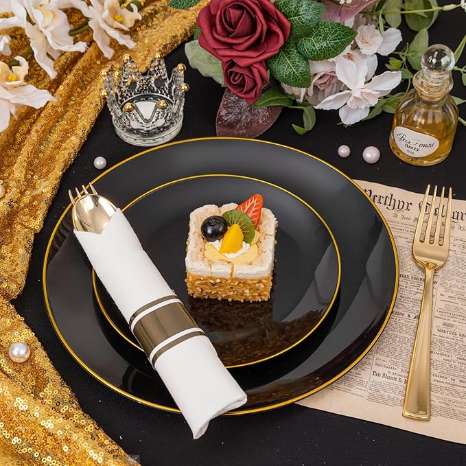 KIRE 175Pcs Black Plates Disposable - Heavy Duty Black and Gold Plastic Plates- 25 for Dinner 25 for Dessert 25 Pre Rolled Gold Silverware and 25 Cups for Graduation/Birthday Party/Wedding