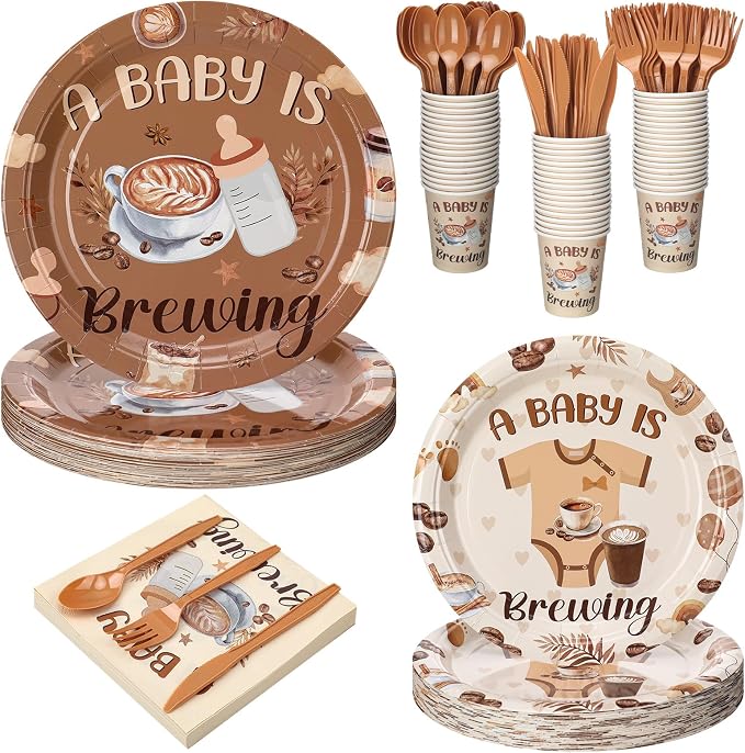 Yungyan 252 Pcs A Baby Is Brewing Baby Shower Party Tableware Set Included Plates Napkins Cups Forks Knives Cutlery for Party Decorations Supplies 36 Guests