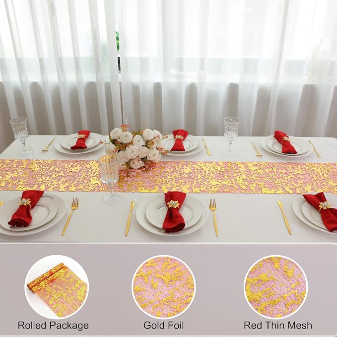 Snowkingdom 2Pcs Gold Table Runner, 11×108 Inch Red and Gold Sequin Glitter Foil Metallic Thin Mesh Table Runner, Sparkle Centerpiece for Wedding Party Birthday Holiday Kitchen Dinner Decoration