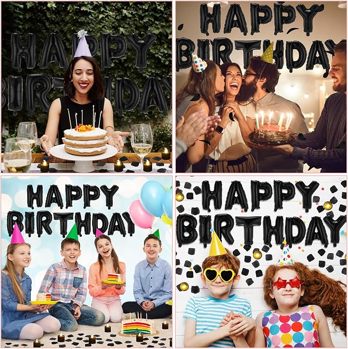 Black Happy Birthday Balloons Decorations Happy Birthday Letter Balloons Banner Set with 24pcs Round Flameless LED Candles and 2000pcs Artificial Rose Petals for Women Men Room Party Decor